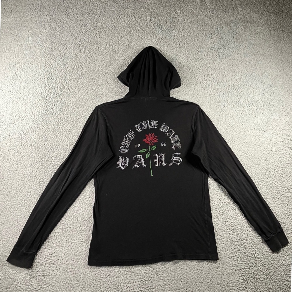 Vans Hooded T-Shirt Men Small Black Rose Graphic L/S Skater‎ Grunge Gothic Emo